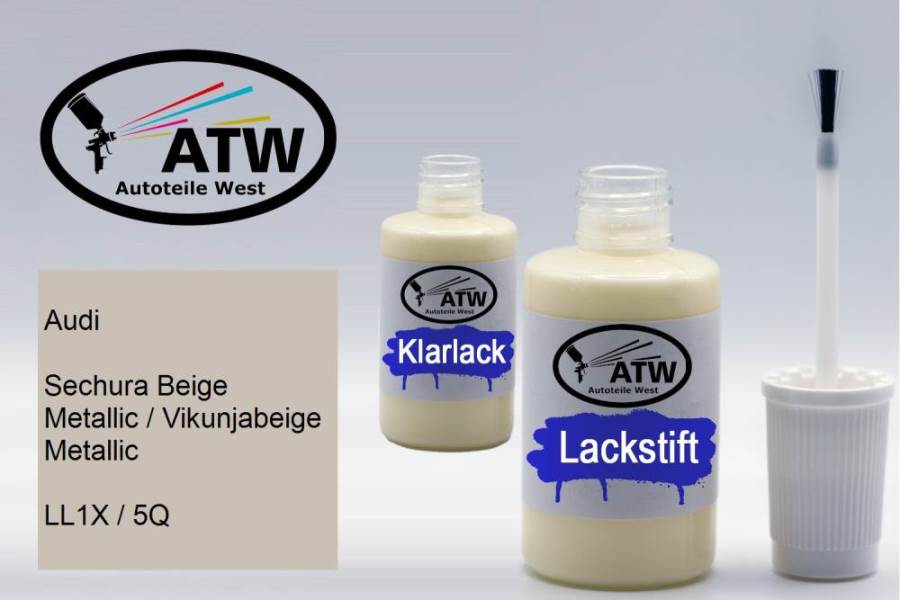 Audi, Sechura Beige Metallic / Vikunjabeige Metallic, LL1X / 5Q: 20ml Lackstift + 20ml Klarlack - Set, von ATW Autoteile West.